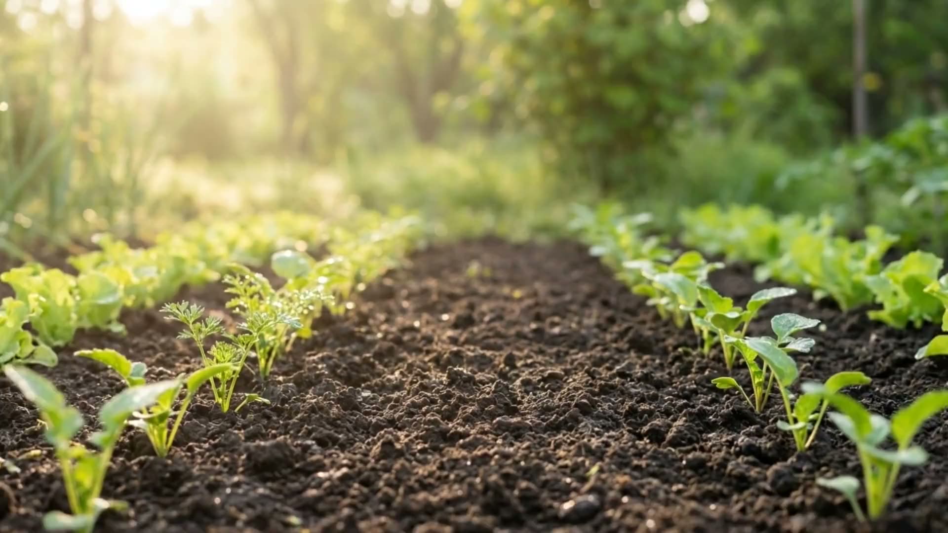 Rows of young seedlings coming up in dark soil