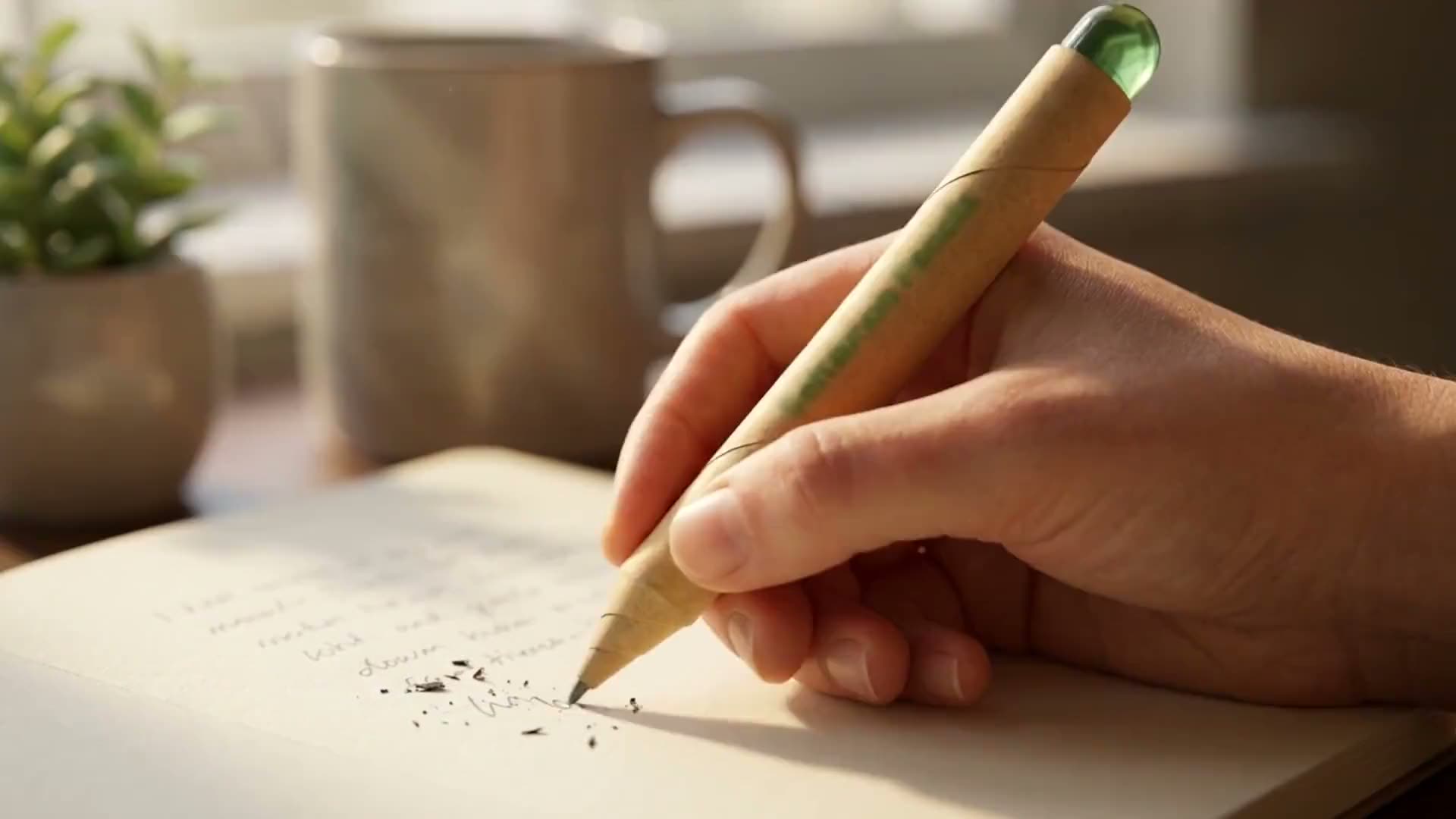 A hand writing in a notebook with a recycled paper plantable pencil