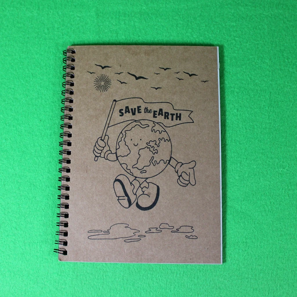 Eco-friendly ReLeaf Notebook with brown recycled paper cover and “Save the Earth” cartoon graphic, 21 x 15 cm